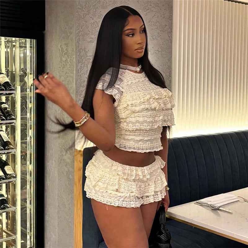 Cutout Crop Top Shorts Set - Midriff Slim Fit Two Piece