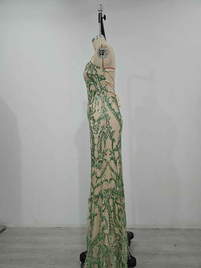 Green Sequin Maxi Dress - Emerald U-Neck Floor Length Gown