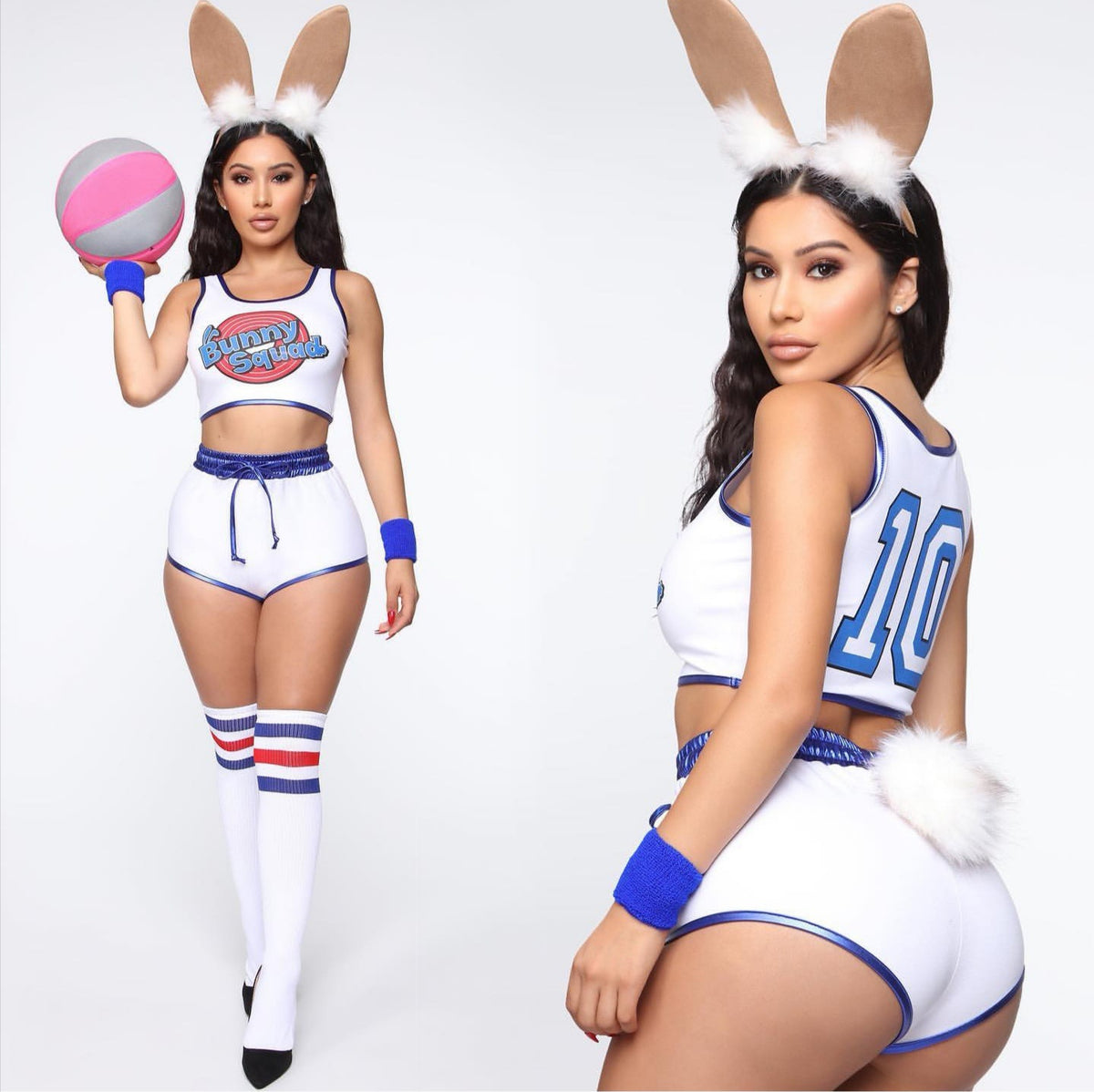 White cropped cheer tank and blue-trim shorts set with drawstring waistband