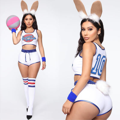 White cropped cheer tank and blue-trim shorts set with drawstring waistband