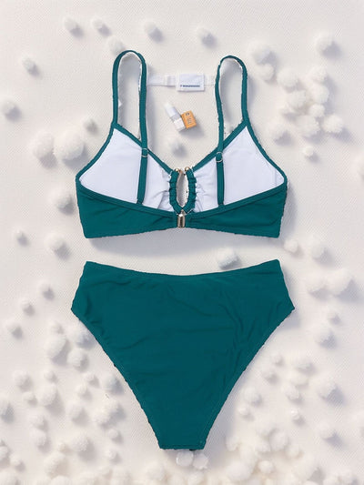 Ruched Bikini - Teal Keyhole High-Waisted - Fashions Envy