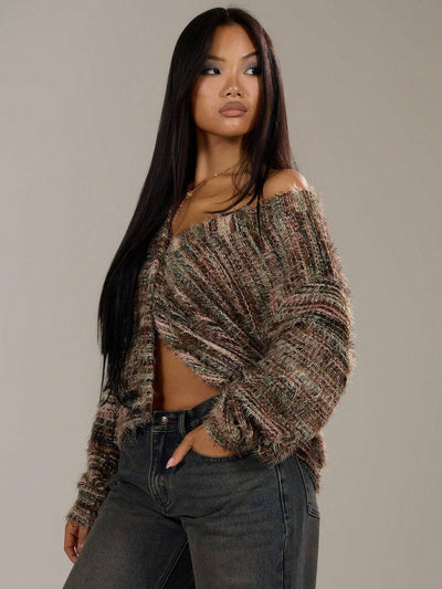 Melange Fleece Long Sleeve Cardigan - Vintage Deep V-Neck