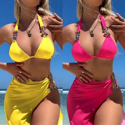 Three-Piece Bikini Set - Rhinestone Embellished Swimsuit - Fashions Envy