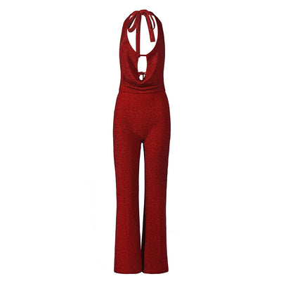 Red Halter Tie Backless Jumpsuit - Deep V Keyhole Wide Leg Flare