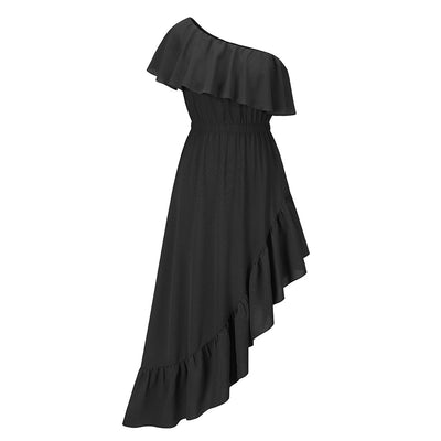Sloping Shoulder Ruffle Prom Dress - Romantic Maxi Gown