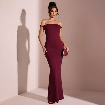 Burgundy Mermaid Maxi Dress - Off Shoulder Ruched Open Back