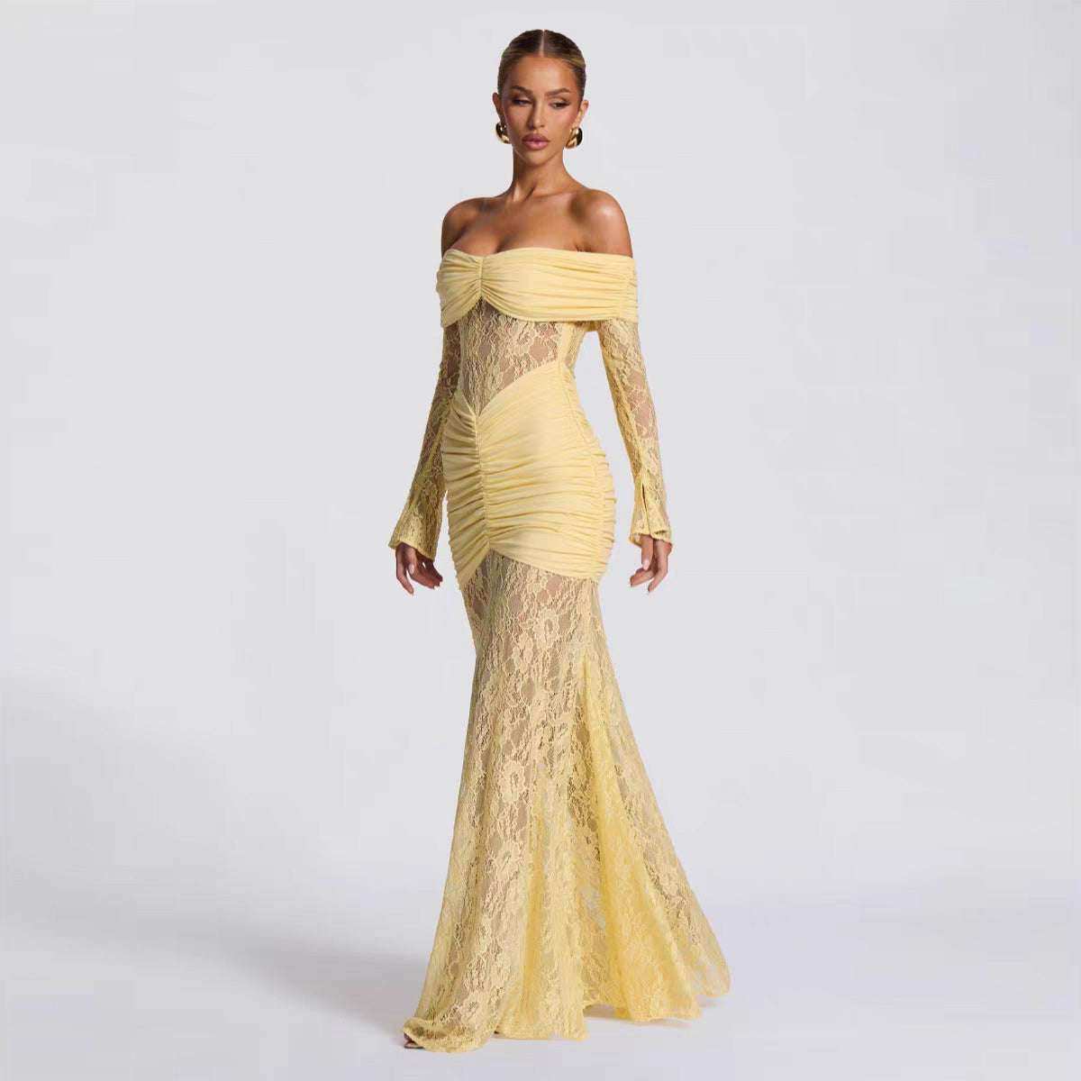 Off-Shoulder Bodycon Dress - Lace Long Sleeve Gown - Fashions Envy