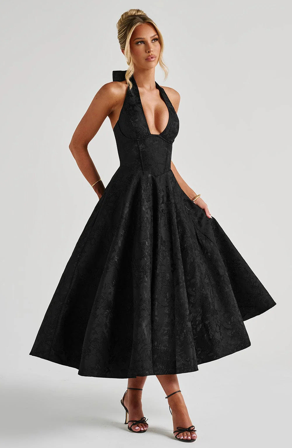 Jacquard Halter Midi Dress - Deep V Corset Waist A-Line Skirt