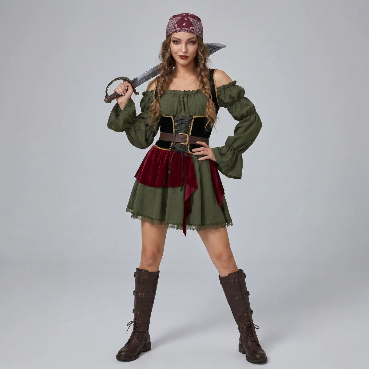 Pirate costume dress with headscarf, dark green puff sleeves, maroon peplum, corset belt