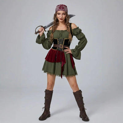 Pirate costume dress with headscarf, dark green puff sleeves, maroon peplum, corset belt