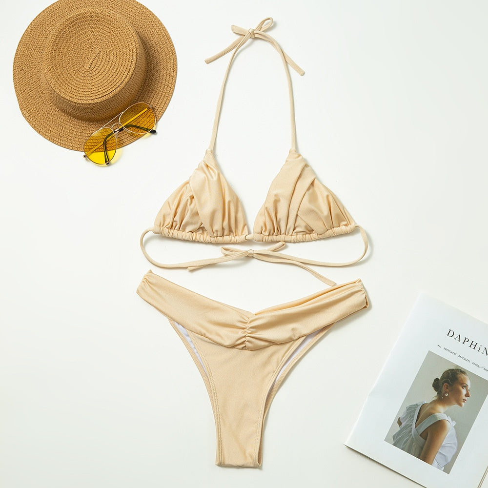 Pleated Bikini Set Two Piece - Ruched Triangle Swimsuit