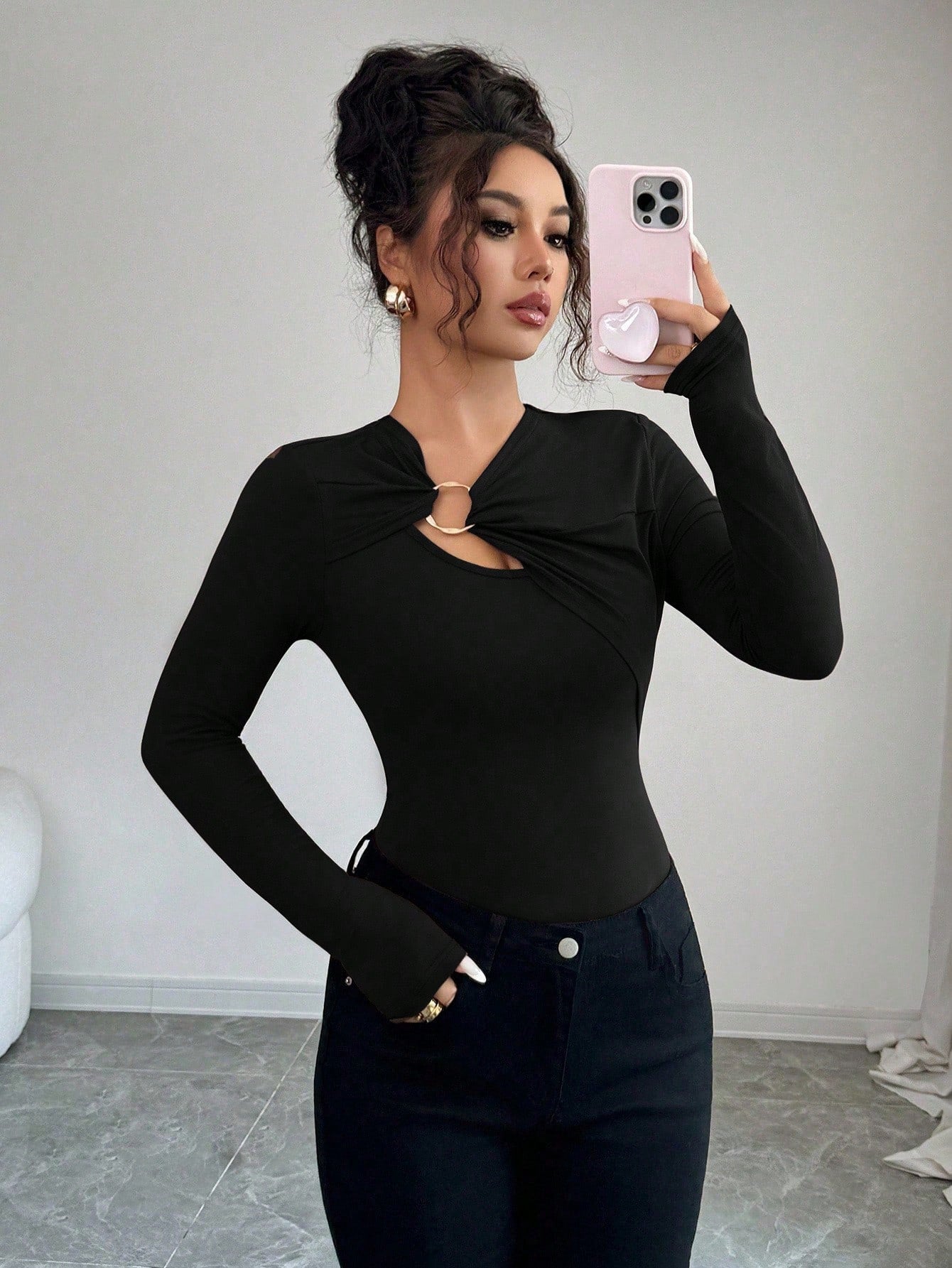 Asymmetric Top - Hollow-Out Metal Decorated Slim Fit