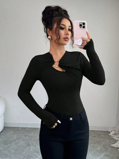 Asymmetric Top - Hollow-Out Metal Decorated Slim Fit
