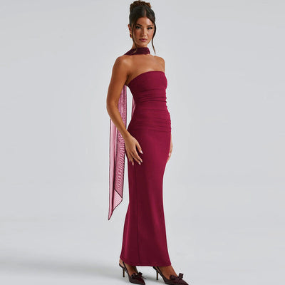 Scarf Tie Strapless Maxi Dress - Column Gown with Mesh Gloves