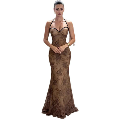 Lace dress maxi dress - crochet spicy girl sexy sweetheart neck