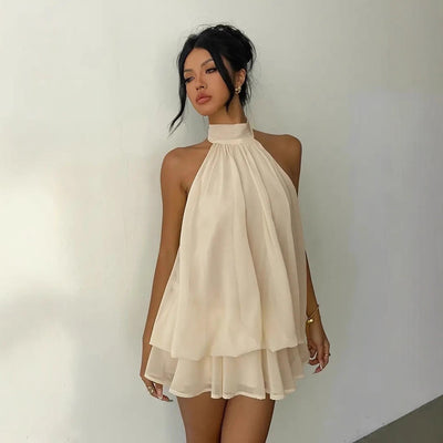 Backless Halter Neck Tiered Mini Dress - Chiffon Vacation Dress