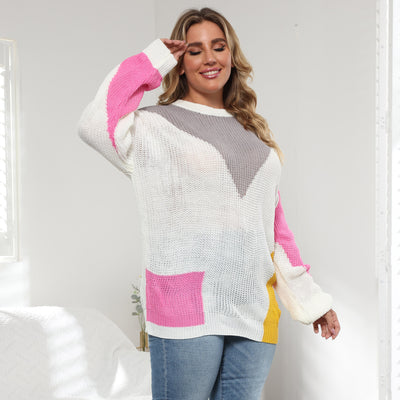 Color-block knit crewneck sweater with white base and pink/gray panels, long sleeves