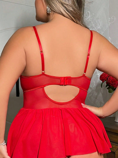 Red lace babydoll lingerie back with thin straps and pleated skirt