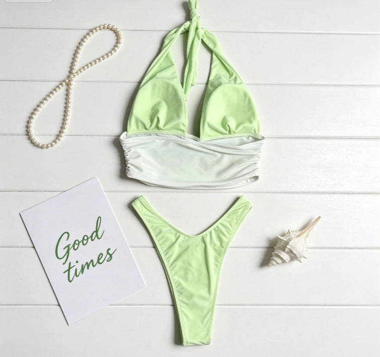 Color Block Halter Bikini Set - 3-Piece Ruched Wrap Skirt Cover