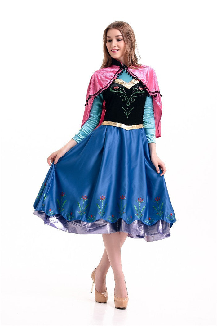 Full-length front view adult princess-style dress: pink cape, black bodice, blue skirt