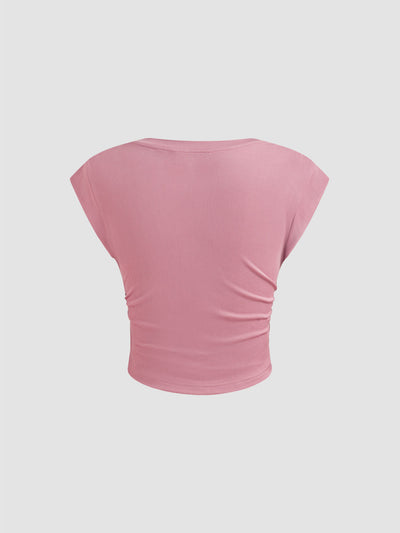 Pink V-Neck Crop Top Wide Leg Pants Set - Pleated Shoulder