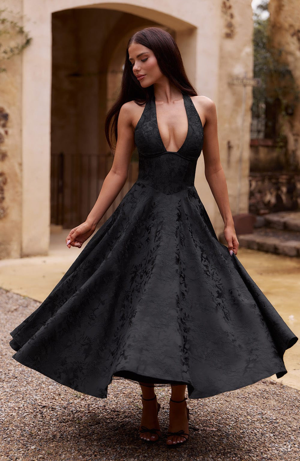 Jacquard Halter Midi Dress - Deep V Corset Waist A-Line Skirt