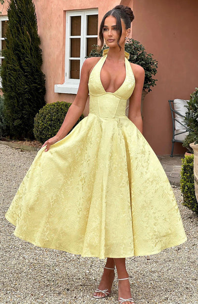 Jacquard Halter Midi Dress - Deep V Corset Waist A-Line Skirt