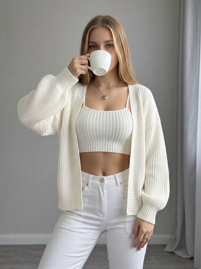 Ivory open-front knit cardigan with balloon sleeves