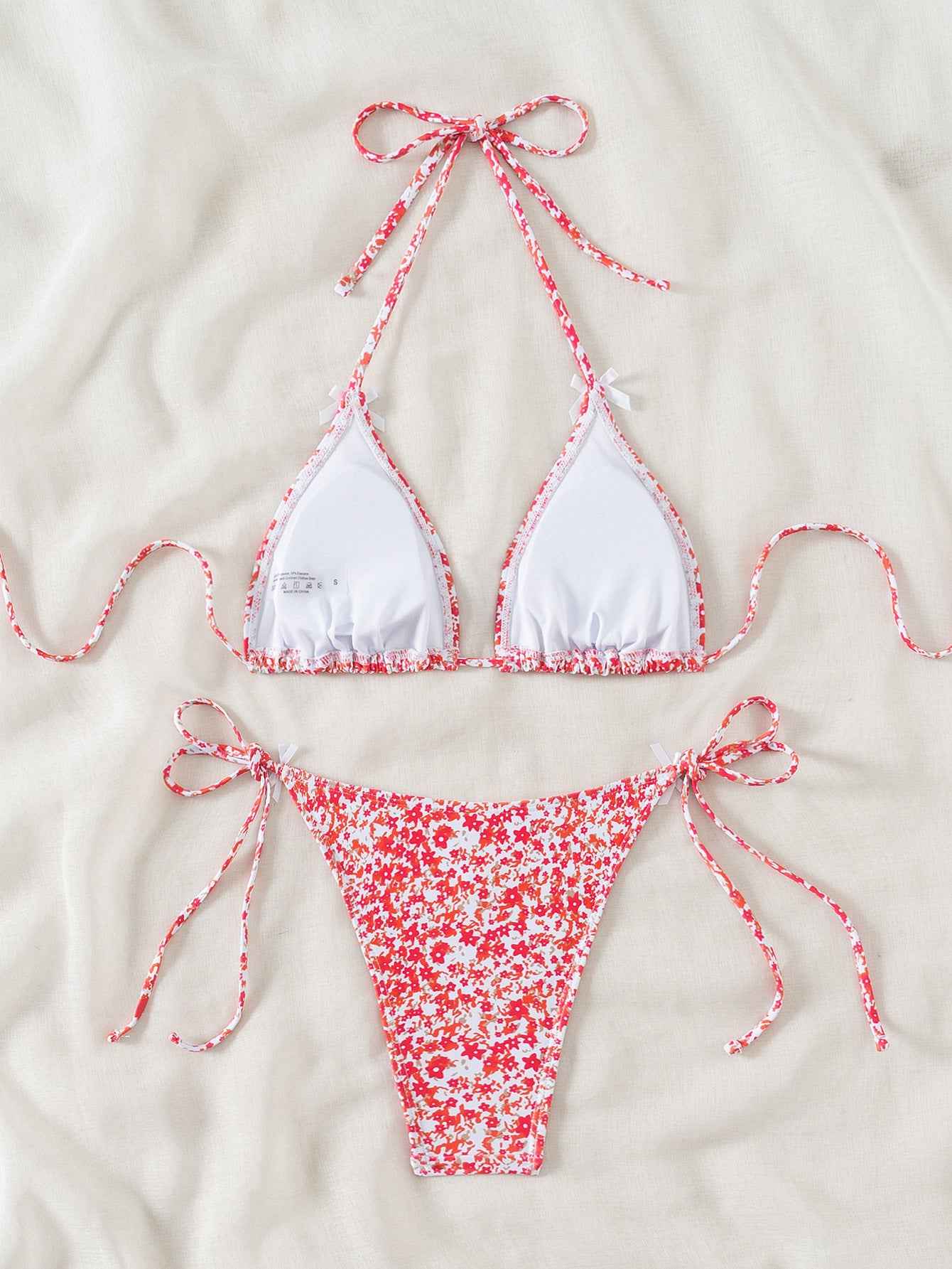 Floral Triangle Bikini - Lace Up Front Tie Bottoms Set