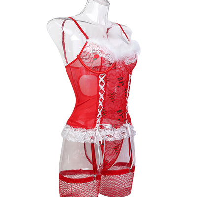 Red lace corset lingerie with white feather trim, garter straps, and fishnet accents