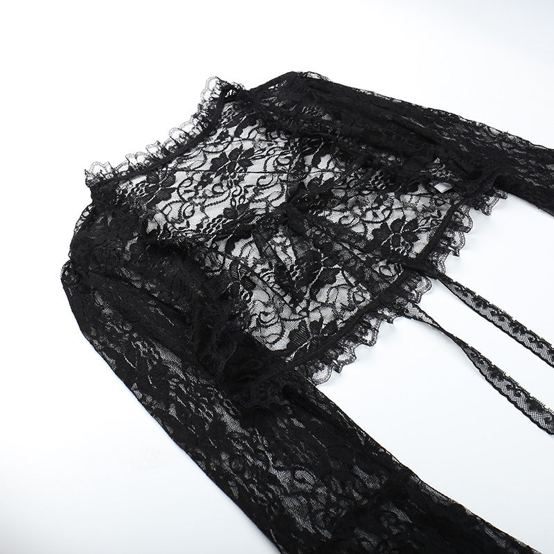 Black Lace Cropped Top - Dramatic Flared Sleeve Shrug
