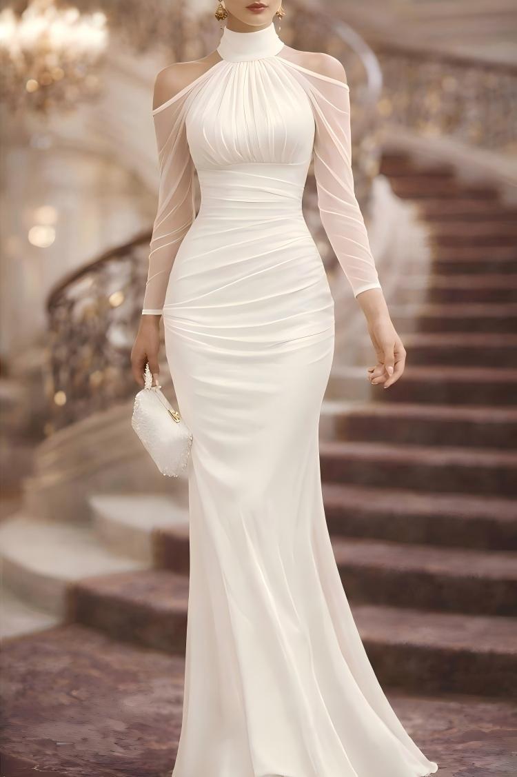 White sheer long-sleeve evening gown with high halter neck, ruched bodice and long skirt