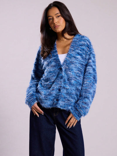 Melange Fleece Long Sleeve Cardigan - Vintage Deep V-Neck
