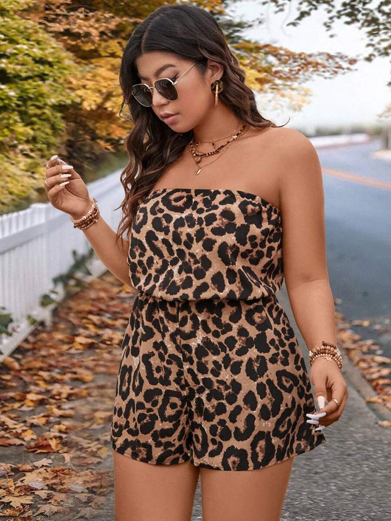 Leopard print strapless romper with layered bodice and relaxed shorts