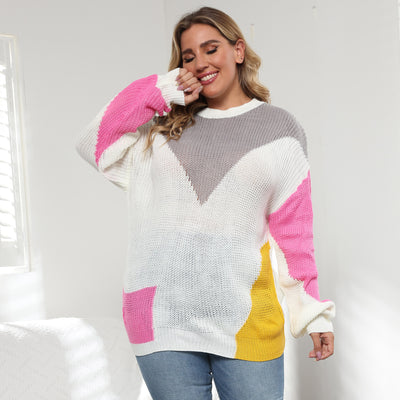 Color-block plus size knit sweater with crewneck, long sleeves, gray/white/pink/yellow blocks