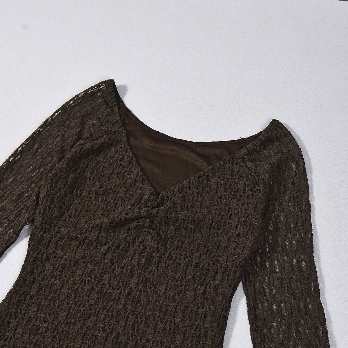 Lace Mini Dress - V-Neck Long Sleeve Brown Bodycon