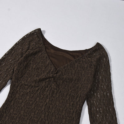 Lace Mini Dress - V-Neck Long Sleeve Brown Bodycon