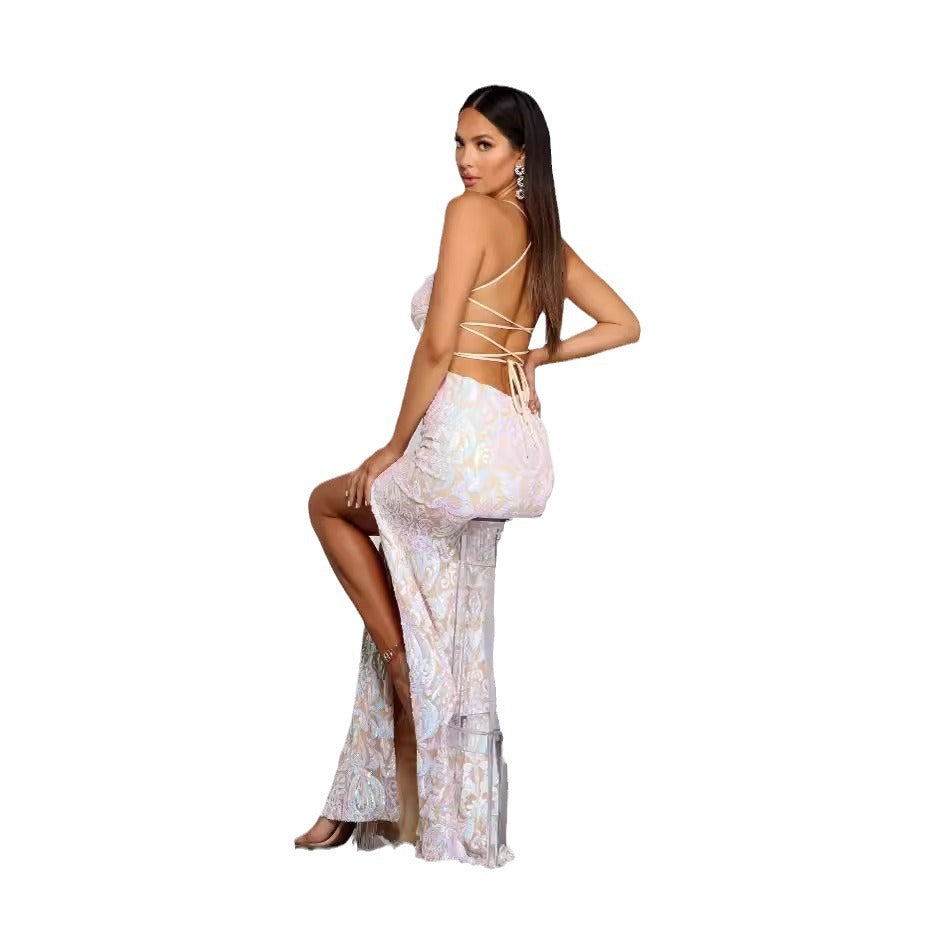 Party Sequin Sexy Dress - White Floral Sleeveless Halter