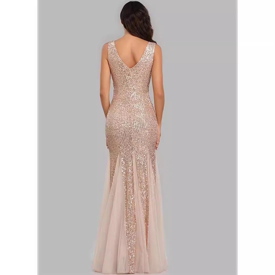 Sequin Mermaid Fishtail Evening Gown - Double V-Neck Tulle Hem