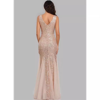 Sequin Mermaid Fishtail Evening Gown - Double V-Neck Tulle Hem