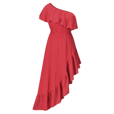 Sloping Shoulder Ruffle Prom Dress - Romantic Maxi Gown