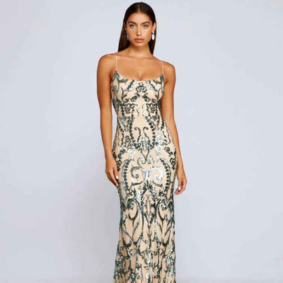 Green Sequin Maxi Dress - Emerald U-Neck Floor Length Gown