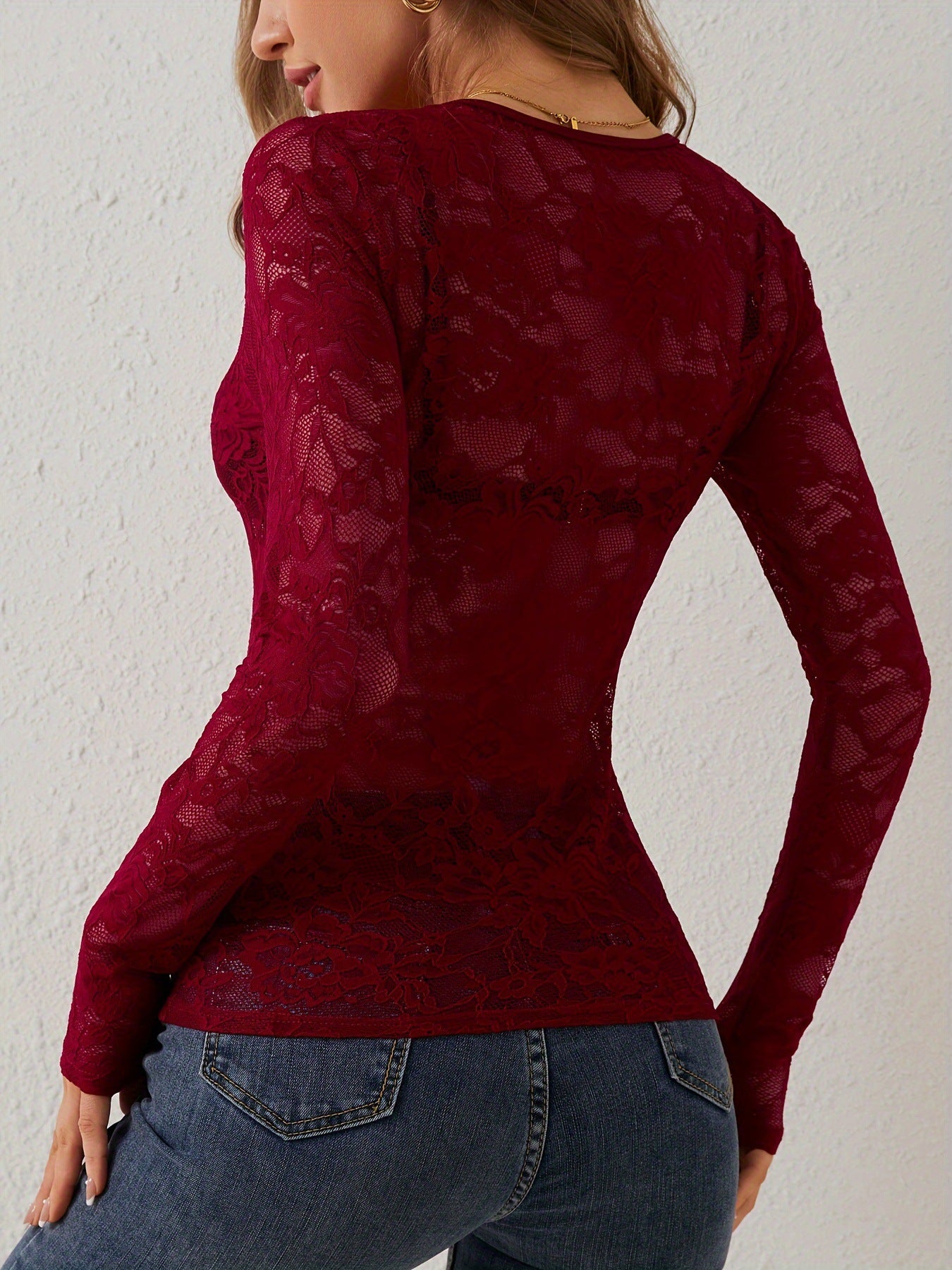 Intimate Lace Top - Sheer Floral Fan-Shaped Decoration