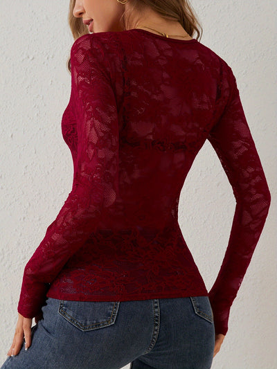 Intimate Lace Top - Sheer Floral Fan-Shaped Decoration