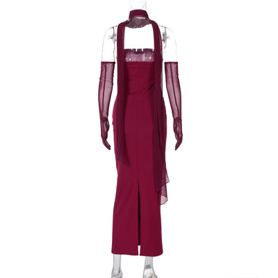 Halter Neck Strapless Maxi Dress - Open Back Mesh Glove Column Gown