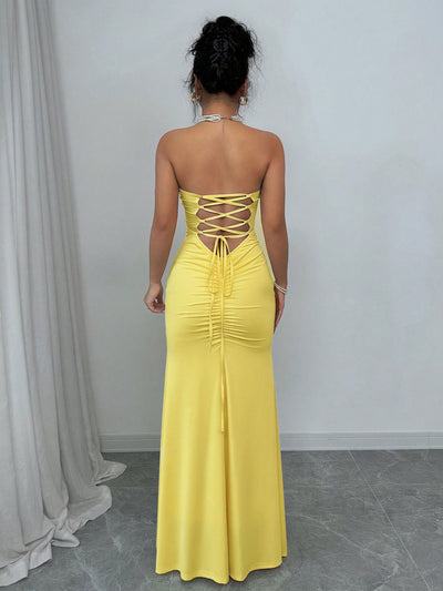 Yellow Strapless Maxi Dress - Lace Up Corset Back