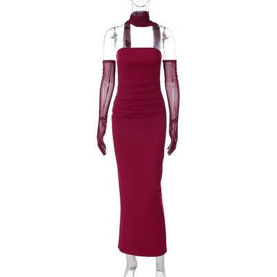 Halter Neck Strapless Maxi Dress - Open Back Mesh Glove Column Gown