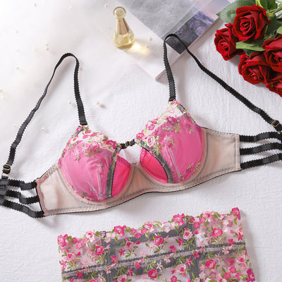 Floral Embroidered Lingerie Set - Garter Belt & Thong Included