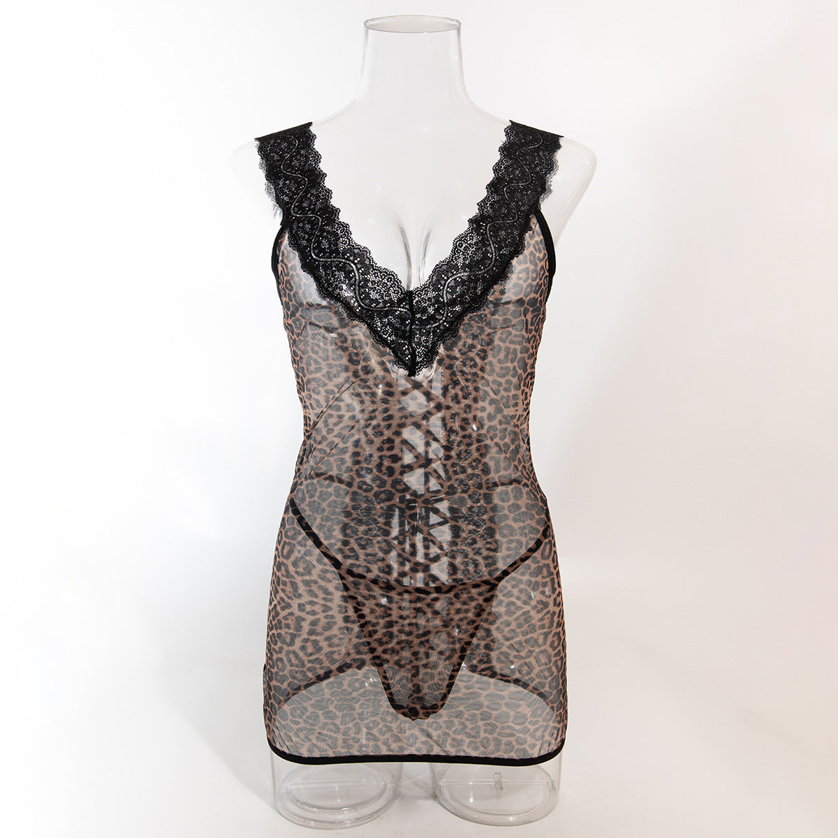 Leopard-print lace-trim mesh chemise with scalloped V neckline and lace-up panel