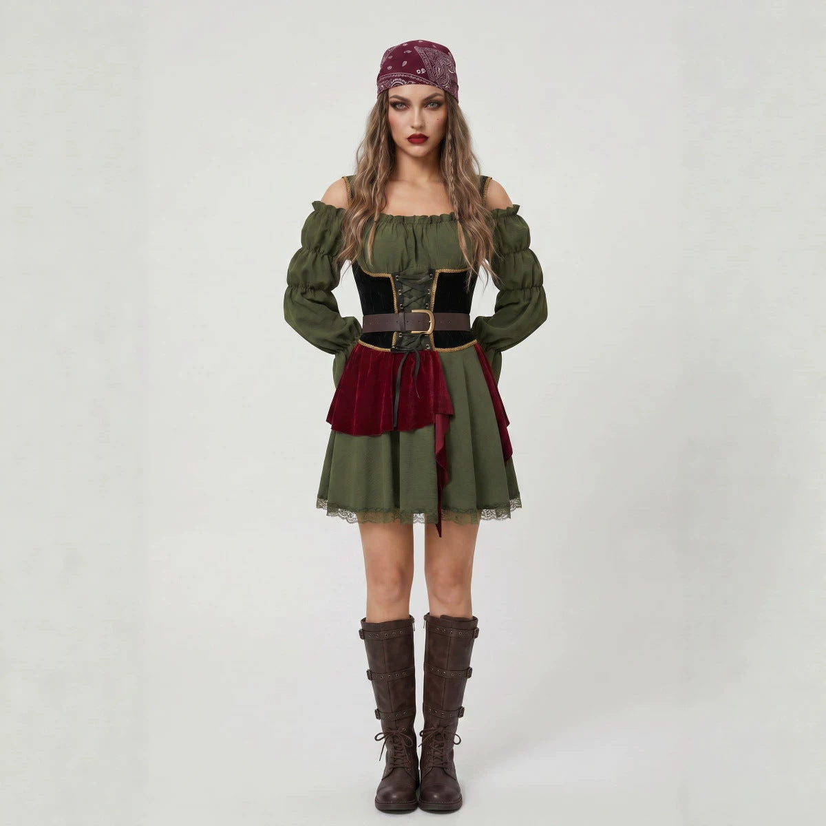 Pirate costume dress with headscarf, dark green puff sleeves and skirt, black corset belt